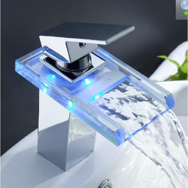 

bathroom led basin faucet brass waterfall temperature colors change mixer tap deck mounted wash sink glass taps faucets