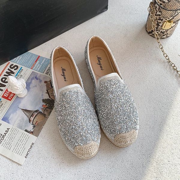

sandals 2021 women flat hemp shoes glitter espadrilles loafers luxury brand female fashion moccasins slip on ballet flats mocassin, Black