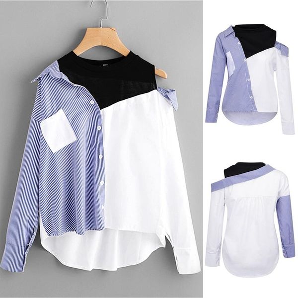 

women's stripe stitching asymmetrical lapel long sleeve loose shirt fashion spring autumn blouses & shirts, White