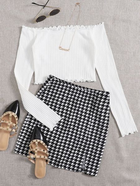

off shoulder lettuce trim crop & houndstooth skirt set 74f9#, White