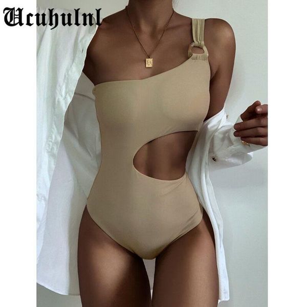 

women's swimwear one-shoulder high cut out one piece swimsuit women solid black monokini 2021 bathing suit beachwear dropship, White;black
