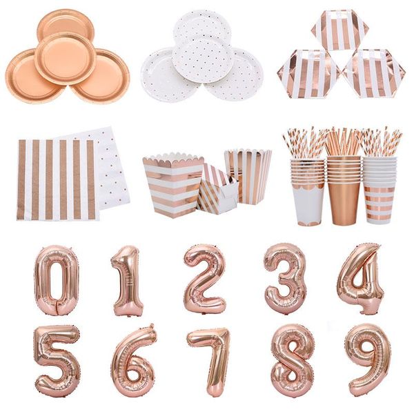 Dininanete descartável 1 conjunto Rose Gold Tabelware Plate Cup Cupkins Straituos para chá de chá de bebê Crianças de casamento Primeiro ano de decoração de festas