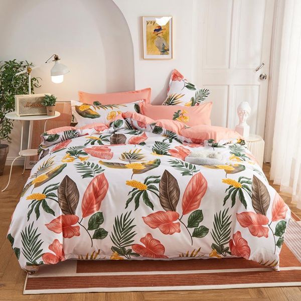 

bedding sets 3/4pcs set leaf print bed linen single double  king quilt covers bedclothes duvet cover with cute pillowcase