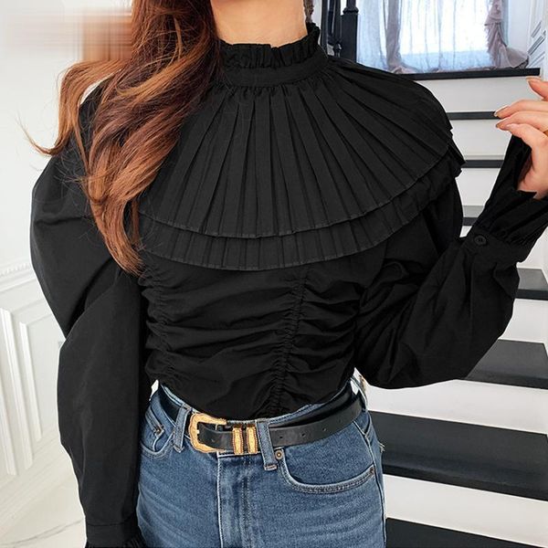 

women's blouses & shirts stand collar puff long sleeve pullover blouse women solid draped design loose blusas spring 2021 all match shi, White