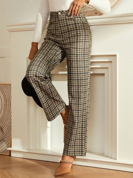 

plaid print high waist pants r1wg#, Black;white