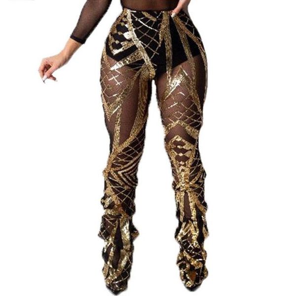 

women's pants & capris mesh sheer gold sequin high waist club women streetwear ruched bodycon trousers long pencil, Black;white