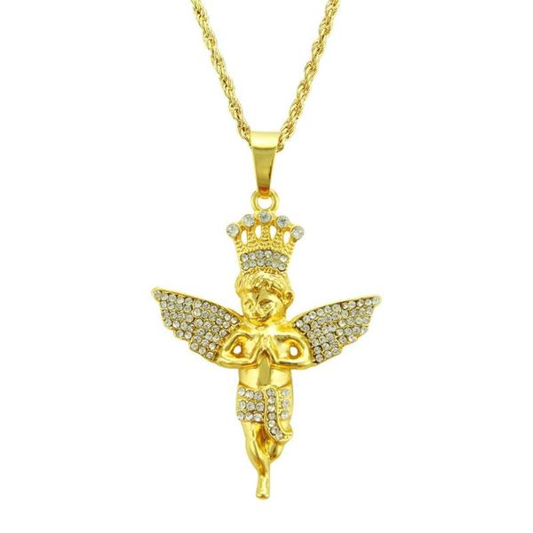 

pendant necklaces hip hop rhinestones paved bling iced out gold crown angel pendants necklace for men rapper jewelry drop, Silver