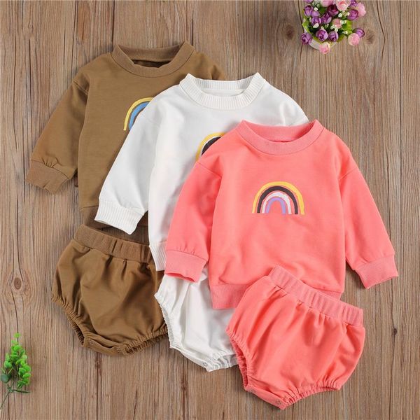 

clothing sets 0-24m toddler infant baby boys girls clothes spring autumn rainbow print pullover sweatshirts +shorts pants outfits, White