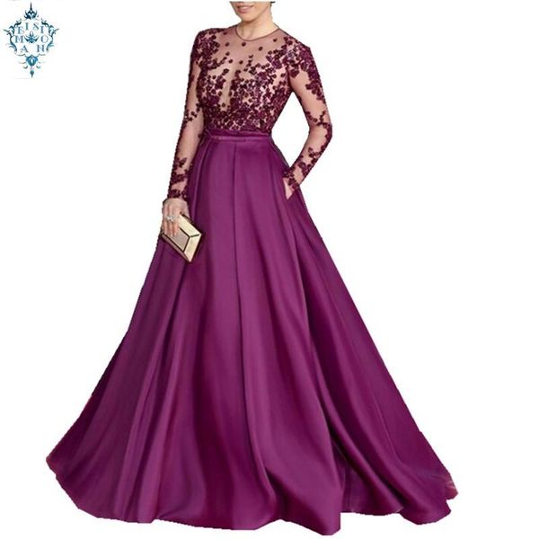 

evening dresses ameision women purple long sleeve gown celebrity dress 2021 elegant formal hollow out satin a line, Black;red
