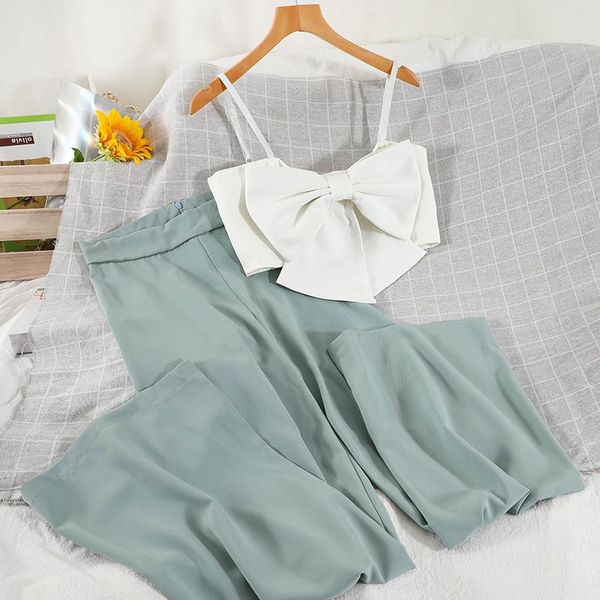 

women's two piece pants women set white spaghetti strap bow camis + black/blue wide leg female casual 2pcs suits 2021 fashion