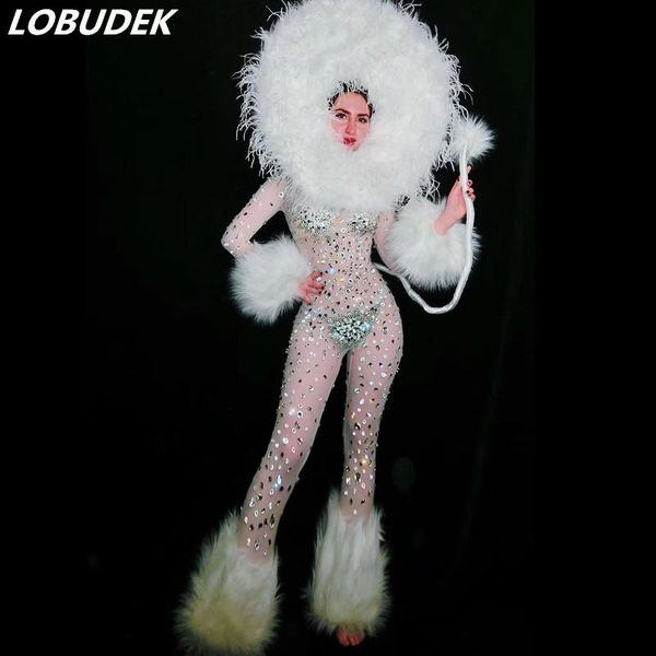 

women's jumpsuits & rompers rhinestones see-through jumpsuit white feather sleeve stretch mesh leggings singer dancer nightclub bar cry, Black;white