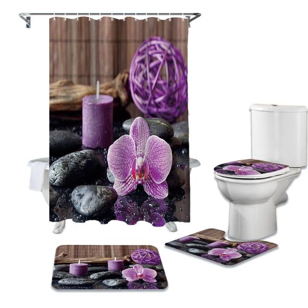 

zen stone purple orchid calm candle bathroom set durable waterproof shower curtain rug carpet toilet lid cover bath mat curtains