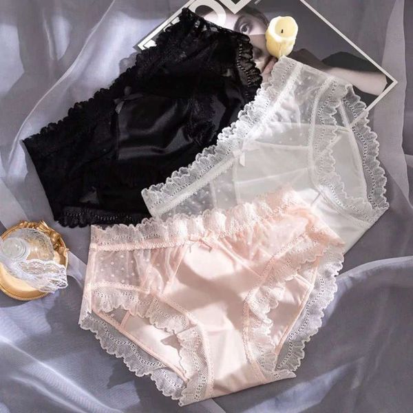 

panties underwear women lace middle waist summer thin cotton crotch seamless women's briefs transparent breathable mesh style, Black;pink