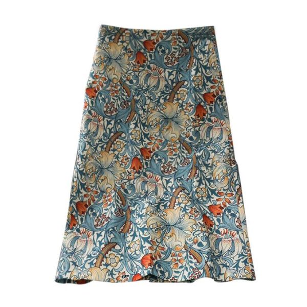 

skirts summer retro print high waist mid-length split bag hip skirt women, Black