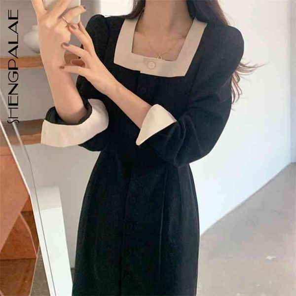 

spring women's slim casual square neck contrast color single breasted lace up waist mid-calf dress fashion 8d109 210427, Black;gray