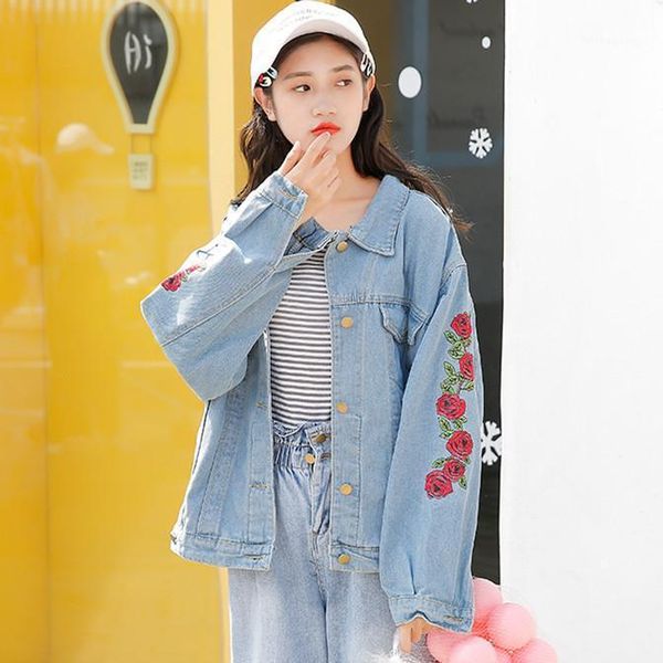 

women's jackets fashionable heavy industry embroidered rose loose denim jacket, Black;brown