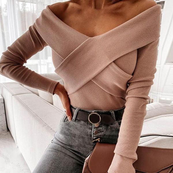 

women's sweaters fashion women knitted solid color cross autumn winter v neck long sleeve shirt blouse 2021 for daily wear, White;black