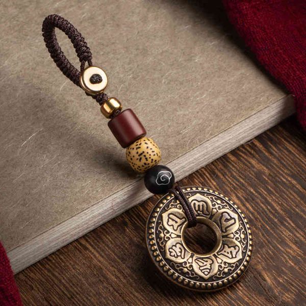 Buddismo Mantra Ciondolo ad anello per portachiavi Ottone puro Lucky Circle Cordino Appeso Gioielli Vintage Uomo Moto Portachiavi Decor