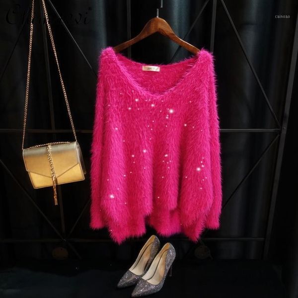 

luxury goddess sequin fashion knitted sweater furry warm thickened asymmetrical loose for women women's sweaters, White;black