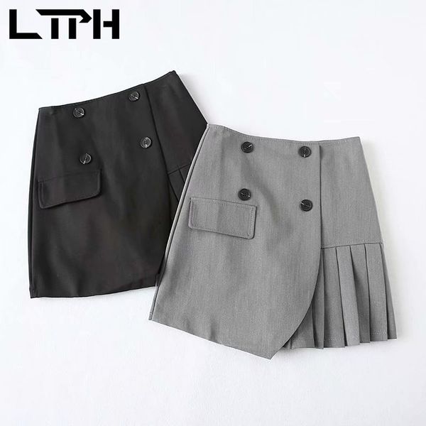 

french elegant mini skirt high waist irregular pleated fashion design double breasted women s spring 210427, Black