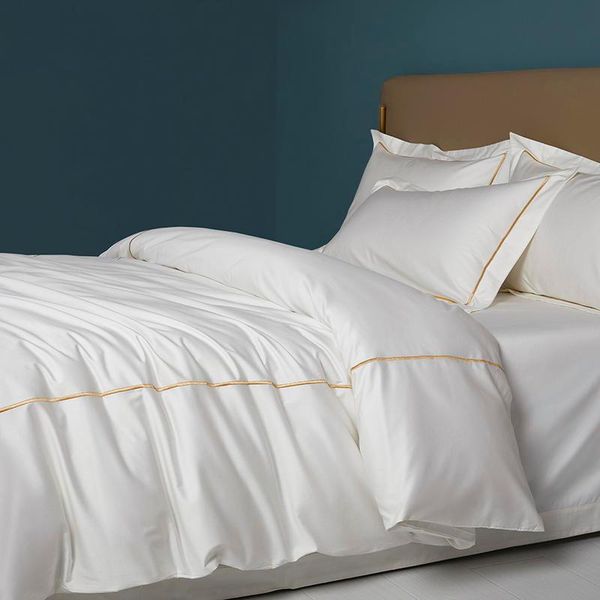 

bedding sets luxury 140s nordic embroidery white bed set solid color duvet cover sheet linen100% cotton  king size