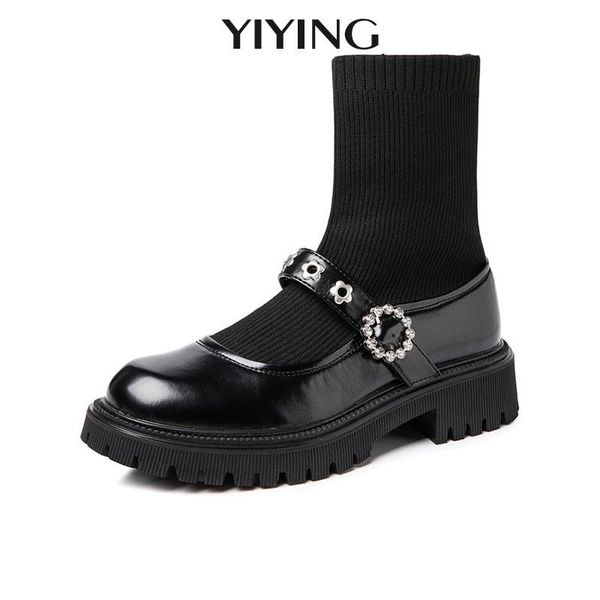 

boots stretch women 2021 autumn style college thick soled mary jane women's chunky jk uniform genuine leather shoes, Black