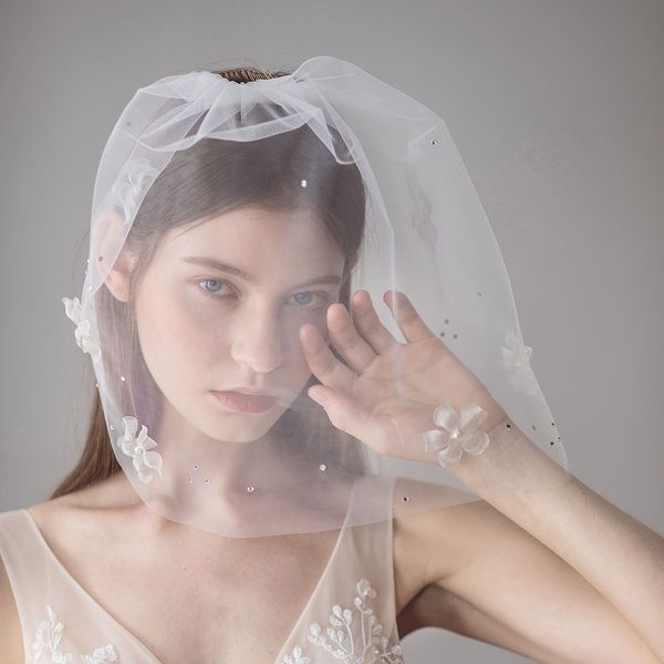 

v618 classical blusher wedding bridal veil one-layer soft tulle organza flower with beaded crystal cut edge marriage bride headdress, Black