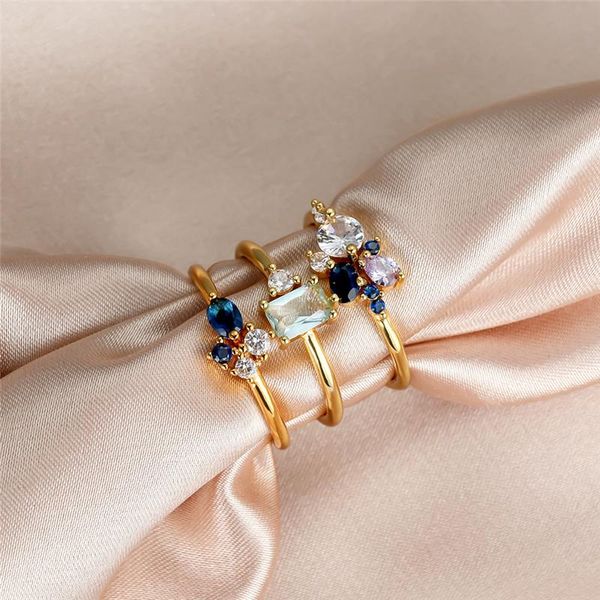 

wedding rings cute female white blue crystal ring set yellow gold color for women luxury bride round square oval engagement, Slivery;golden