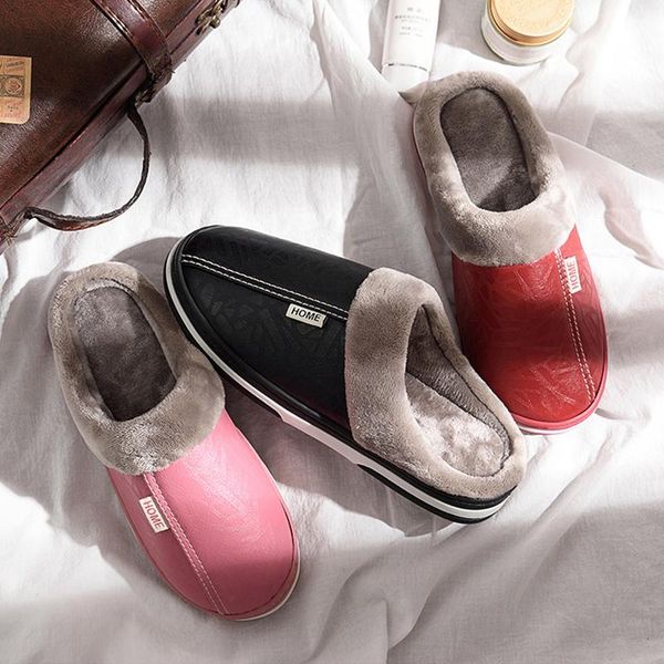 

slippers men household winter indoor warm shoes thick-soled plush waterproof leather cotton zapatillas, Black