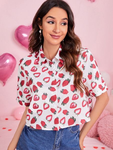

strawberry print button up blouse n32b#, White