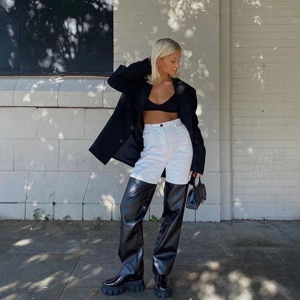 

women white black pu leather patchwork pants female high waist wide leg trousers streetwear fashion winter spring 210517, Black;white