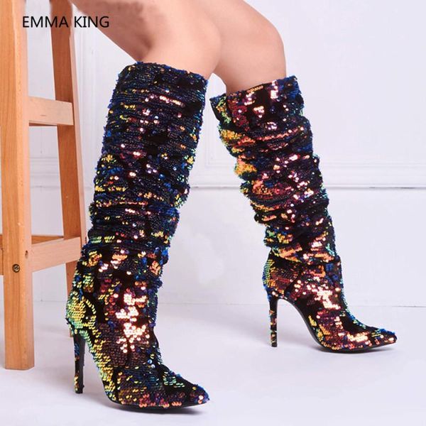 

shooting winter color women's knee high boots pointed toe shoes runway street heels matching nightclub bling boot mujer, Black
