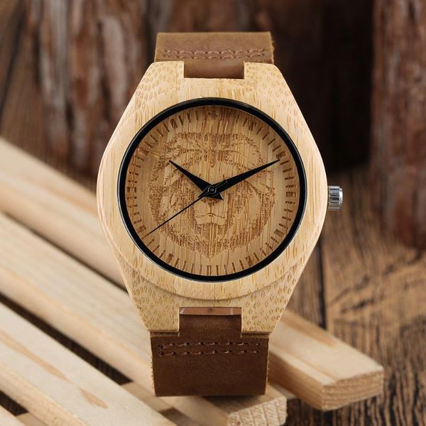 

wristwatches cool lion face display bamboo wood watch brown genuine leather watchband creative quartz men pin buckle wooden timepiece, Slivery;brown