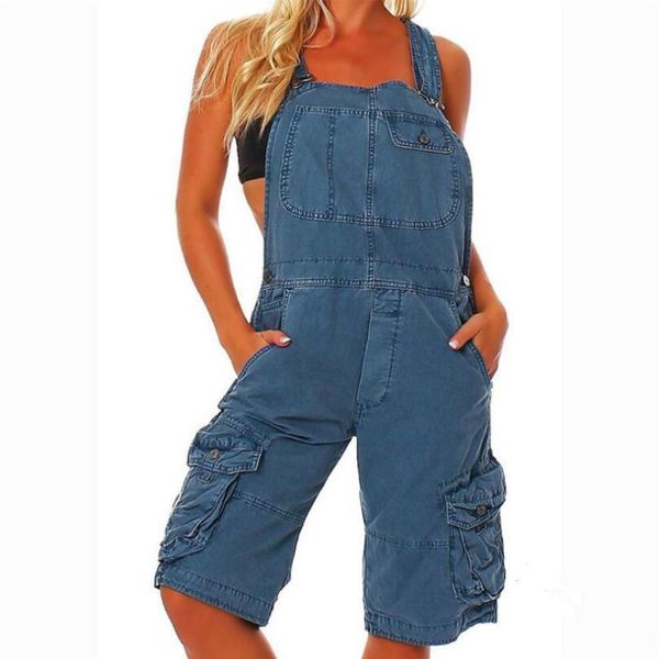 

women's jumpsuits & rompers 2021 europe multiple pockets denim jumpsuit shorts women casual loose female spaghetti strap jean p2276, Black;white