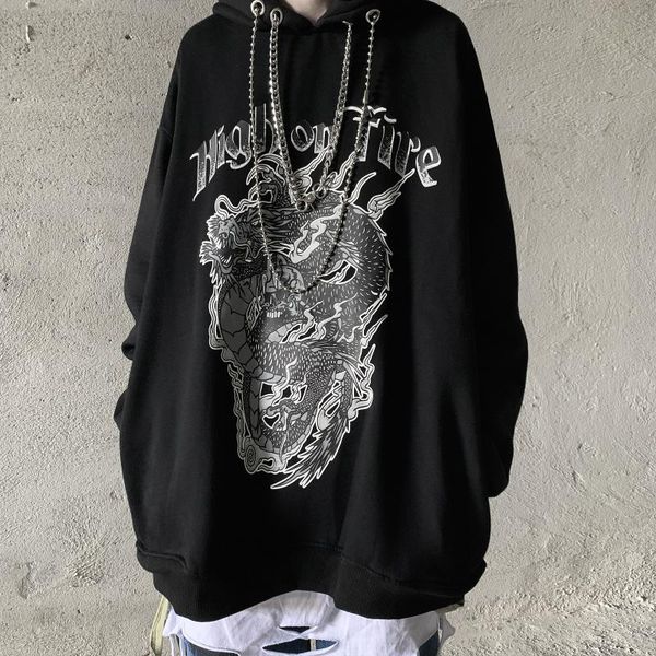 

women's hoodies & sweatshirts women dragon print fashion casual female loose punk gothic pullover streetwear autumn outfit, Black