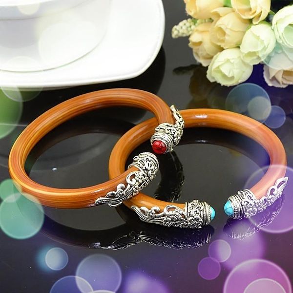 

bangle caulis spatholobi bracelet silver plated natural tibet wood fashion retro ethnic rattan minimalism lovers' jewelry, Black
