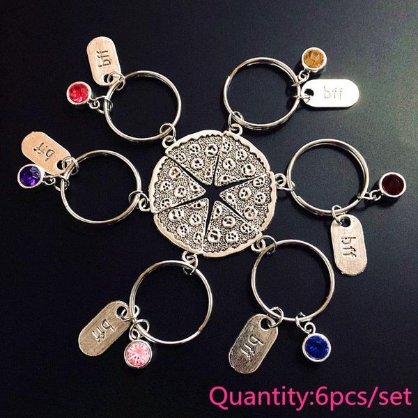 

keychains 6pz/set bff pizza keychain alloy silver color slice colorful crysal dangle pendant friend forever friendship