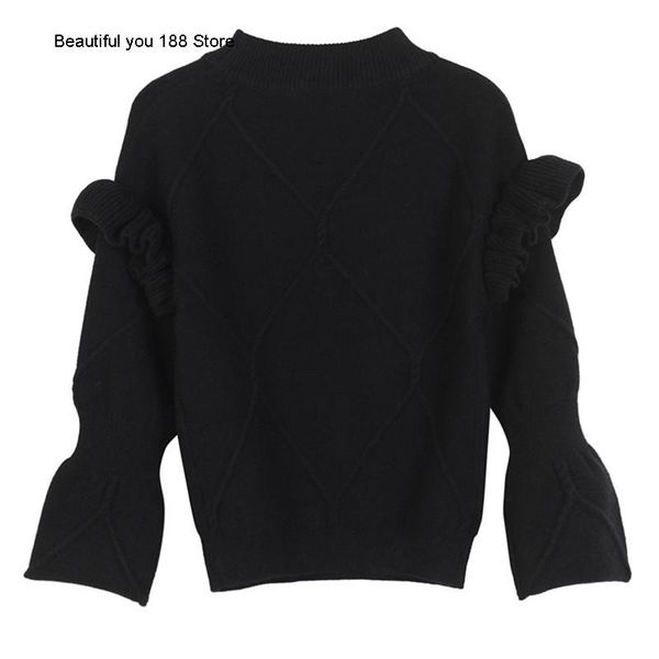 

women's sweaters qin's same sweet little fresh pure color diamond leaf edge lantern sleeve sweater pullover, White;black