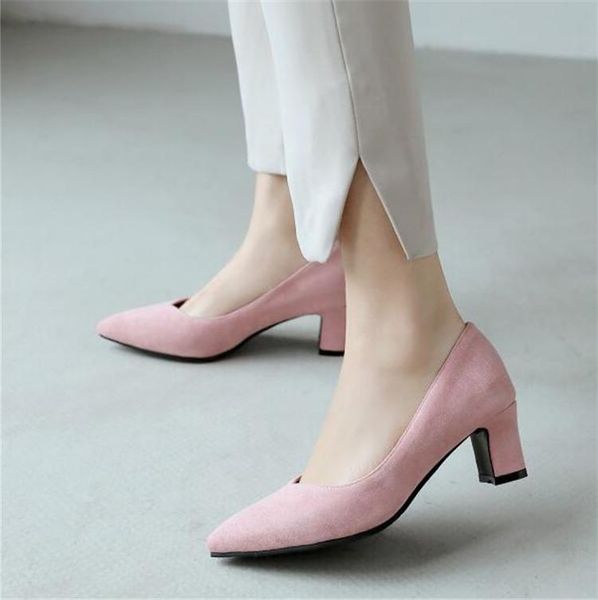 

shallow pumps woman square med heel shoes 2021 spring pointed toe faux sude office ladies shoe classic plus sz dress, Black
