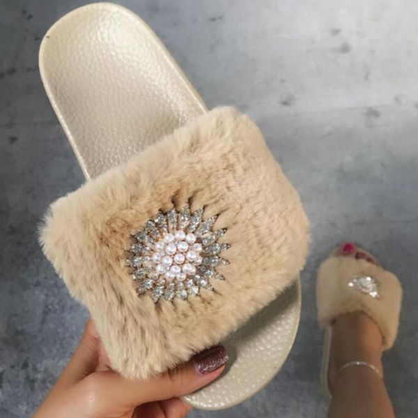 

fashion rhinestone plush slides women home slippers fluffy shoes ladies furry flip flops non-slip female sandal xx558, Black