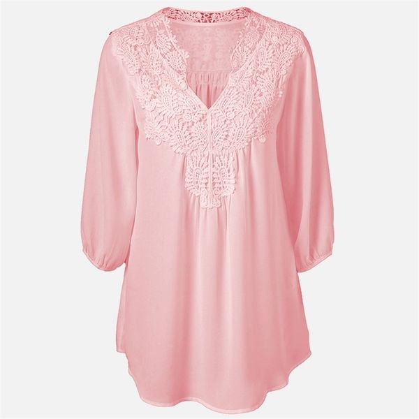 

pink lace chiffon v-neck tunic women's blouses plus size 5xl 3/4 sleeve patchwork womens blouse summer loose clothes lady 210524, White