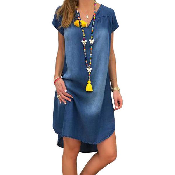 

gradient v neck straight fashion jean dress women short sleeve streetwear plus size summer loose denim midi dresses 210608, Black;gray