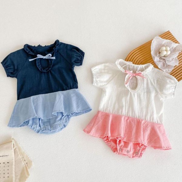 

rompers 2021 summer baby girl clothes patchwork color short sleeve cotton bodysuit cute bowknot collar princess jumpsuit, Blue