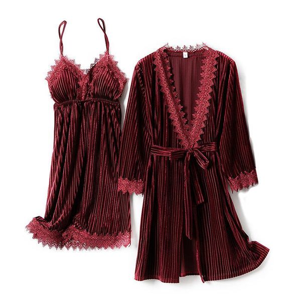 

women's sleepwear burgundy bride bridesmaid wedding robe set velour kimono bath gown 2pcs nightwear autumn winter lace trim nightgown, Black;red