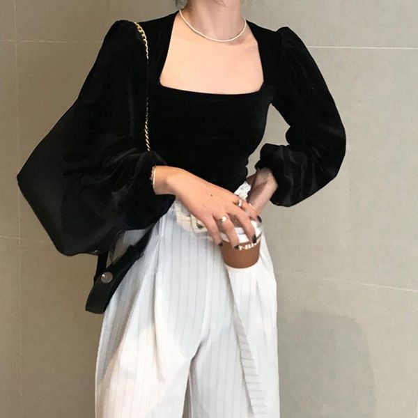 

korean and french style elegant retro square neck puff sleeve velvet black women's blouses & shirts, White