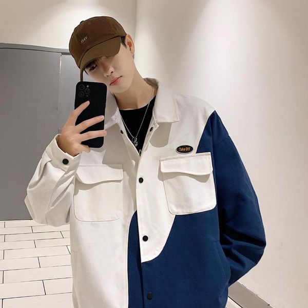 

men's jackets 2021 autumn men's national tide stitching canvas contrast coat jacket couple, Black;brown