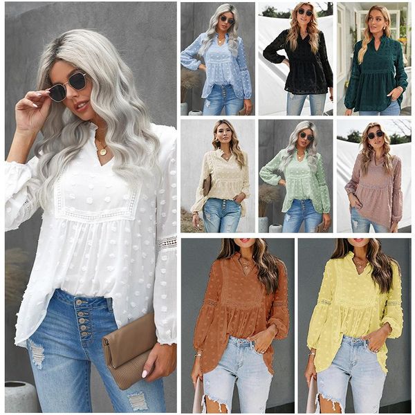 

women's blouses & shirts spring and autumn pure color chiffon sweater lady lace pullover v-neck jacket fashion blouselong sleeve hipste, White