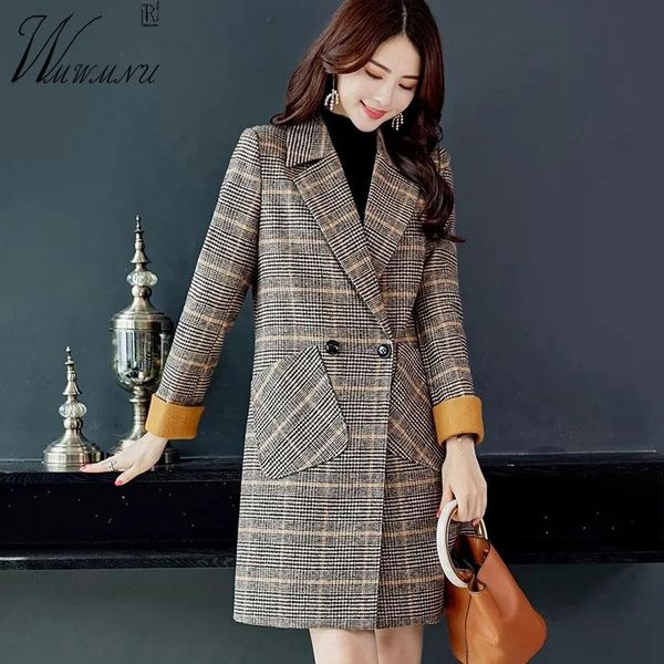 

women's wool & blends korean fashion plaid coats women 2021 autumn long sleeve slim elegant jackets patchwork pocket mid length vintage, Black