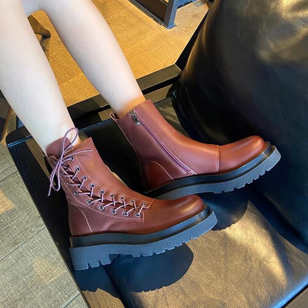 

dress shoes 2021 autumn and winter lace-up boots women's breathable fashion short wild retro motorcycle x462, Black