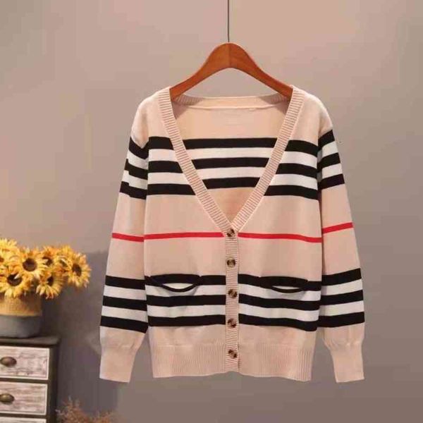 

women's knits & tees [core spun yarn] korean loose stripe color matching casual fashion versatile v-neck retro single breasted knitted, White